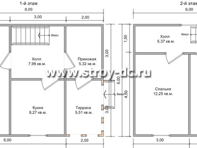 Каркасный дом, проект Д23, с мансардой, террасой, двухскатной крышей, крыльцом и двумя спальнями, размером 6х8 метров, площадью 73 квадратных метра – планировка проекта 1