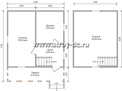 Дом из бруса, проект Д3, с мансардой, торцевой террасой, ломаной крышей, крыльцом и одной спальней, размером 6х7,5 метров, площадью 63 квадратных метра – планировка проекта 1