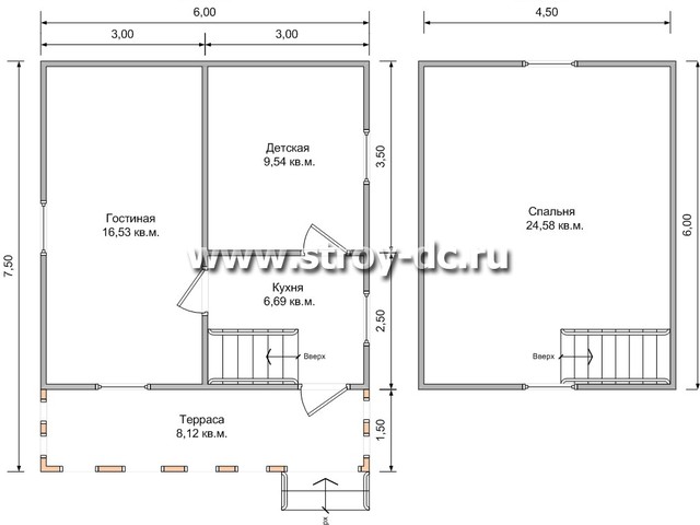 Дом из бруса, проект Д3, с мансардой, торцевой террасой, ломаной крышей, крыльцом и одной спальней, размером 6х7,5 метров, площадью 63 квадратных метра – планировка проекта 1