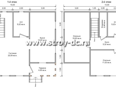 Дом из бруса, проект Д31, с мансардой, угловой террасой, многоскатной крышей, крыльцом и четырьмя спальнями, размером 10х7,3 метров, площадью 126,44 квадратных метров – планировка проекта 1