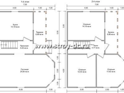 Каркасный дом, проект Д34, с открытой террасой, балконом, эркером, многоскатной крышей, крыльцом и тремя спальнями, размером 7х9 метров, площадью 102 квадратных метра – планировка проекта 1