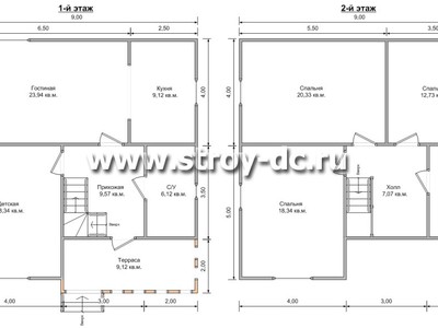 Дом из бруса, проект Д35, с мансардой, угловой террасой, многоскатной крышей, крыльцом и четырьмя спальнями, размером 9,5х9 метров, площадью 141 квадратный метр – планировка проекта 1