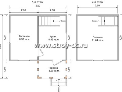 Дом из бруса, проект Д37, с мансардой, ломаной крышей, крыльцом и одной спальней, размером 5х5,5 метров, площадью 32,79 квадратных метра – планировка проекта 1