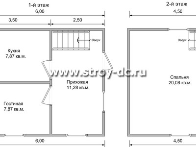 Дом из бруса, проект Д38, с мансардой, ломаной крышей и одной спальней, размером 5х6 метров, площадью 47,1 квадратных метров – планировка проекта 1