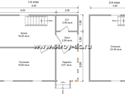 Дом из бруса, проект Д4, с мансардой, угловой террасой, двухскатной крышей, крыльцом и одной спальней, размером 6х8 метров, площадью 75 квадратных метров – планировка проекта 1