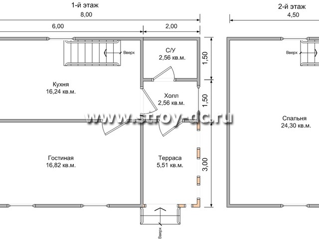 Дом из бруса, проект Д4, с мансардой, угловой террасой, двухскатной крышей, крыльцом и одной спальней, размером 6х8 метров, площадью 75 квадратных метров – планировка проекта 1