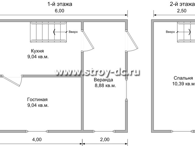 Каркасный дом, проект Д42, с мансардой, боковой верандой, ломаной крышей и одной спальней, размером 5х6 метров, площадью 37,35 квадратных метров – планировка проекта 1