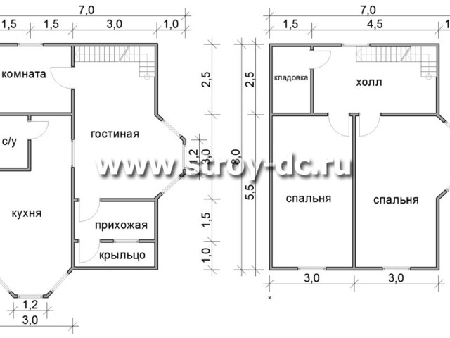 Каркасный дом, проект Д46, с мансардой, террасой, эркером, двухскатной крышей, крыльцом и двумя спальнями, размером 6х9 метров, площадью 93,08 квадратных метра – планировка проекта 1