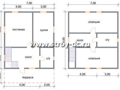 Каркасный дом, проект Д48, с мансардой, открытой террасой, многоскатной крышей, крыльцом и двумя спальнями, размером 7х10 метров, площадью 114 квадратных метров – планировка проекта 1