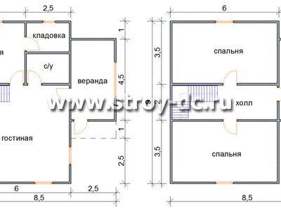 Каркасный дом, проект Д49, с мансардой, боковой верандой, многоскатной крышей, крыльцом и тремя спальнями, размером 8,5х9 метров, площадью 120,32 квадратных метров – планировка проекта 1