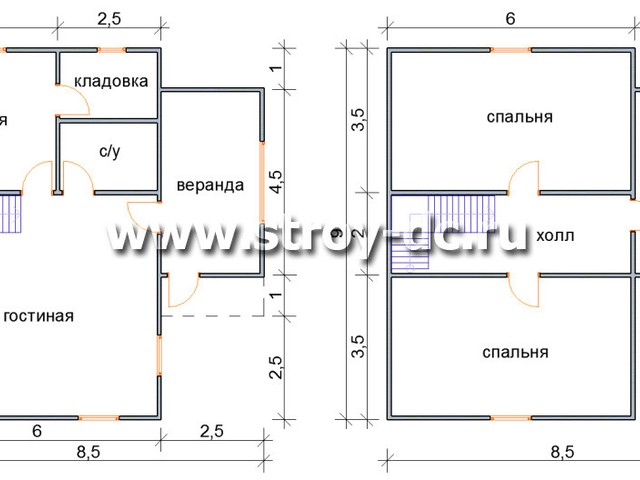 Каркасный дом, проект Д49, с мансардой, боковой верандой, многоскатной крышей, крыльцом и тремя спальнями, размером 8,5х9 метров, площадью 120,32 квадратных метров – планировка проекта 1