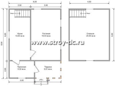 Дом из бруса, проект Д5, с мансардой, торцевой террасой, двухскатной крышей, крыльцом и одной спальней, размером 6х8 метров, площадью 75 квадратных метров – планировка проекта 1