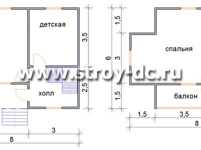 Каркасный дом, проект Д52, с мансардой, угловой террасой, балконом, двухскатной крышей, крыльцом и тремя спальнями, размером 6х8 метров, площадью 83,43 квадратных метра – планировка проекта 1
