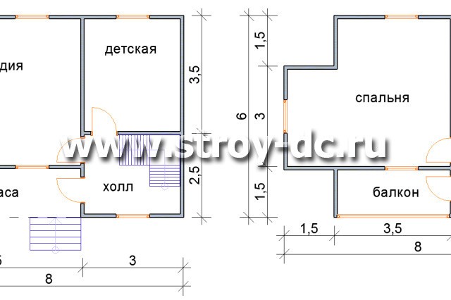 Каркасный дом, проект Д52, с мансардой, угловой террасой, балконом, двухскатной крышей, крыльцом и тремя спальнями, размером 6х8 метров, площадью 83,43 квадратных метра – планировка проекта 1