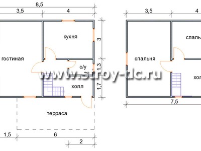 Каркасный дом, проект Д54, с мансардой, открытой террасой, эркером, двухскатной крышей, крыльцом и двумя спальнями, размером 8,5х8,5 метров, площадью 98,8 квадратных метров – планировка проекта 1