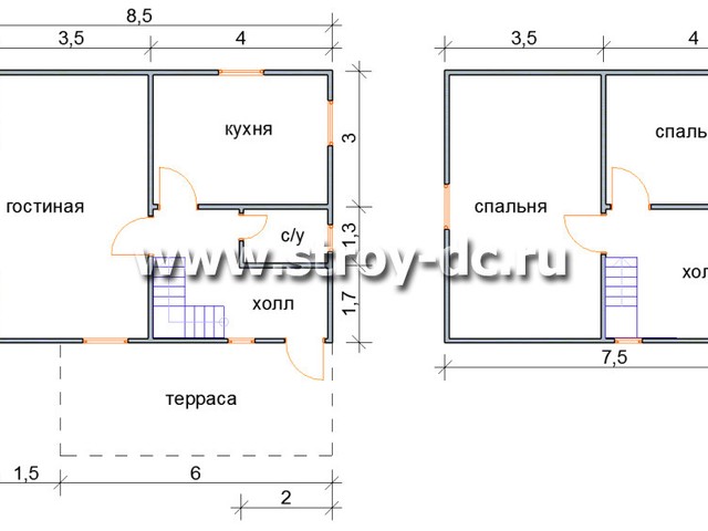 Каркасный дом, проект Д54, с мансардой, открытой террасой, эркером, двухскатной крышей, крыльцом и двумя спальнями, размером 8,5х8,5 метров, площадью 98,8 квадратных метров – планировка проекта 1