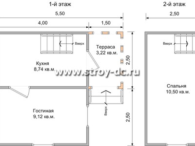 Дом из бруса, проект Д6, с мансардой, двухскатной крышей, крыльцом и одной спальней, размером 5х5,5 метров, площадью 37,5 квадратных метров – планировка проекта 1