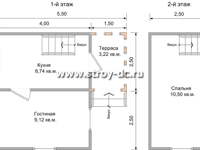 Дом из бруса, проект Д6, с мансардой, двухскатной крышей, крыльцом и одной спальней, размером 5х5,5 метров, площадью 37,5 квадратных метров – планировка проекта 1