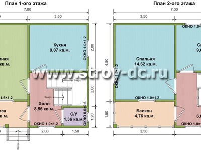 Каркасный дом, проект Д60, с мансардой, террасой, балконом, двухскатной крышей, крыльцом и двумя спальнями, размером 6х7 метров, площадью 72,9 квадратных метра – планировка проекта 1