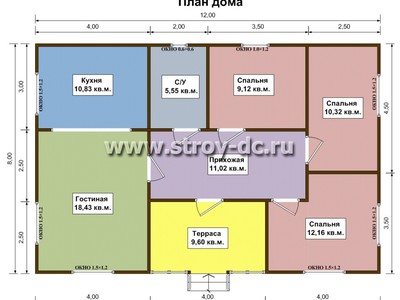 Каркасный дом, проект Д63, с террасой, многоскатной крышей, крыльцом и тремя спальнями, размером 8х12 метров, площадью 87 квадратных метров – планировка проекта 1