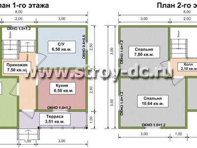 Дом из бруса, проект Д68, с террасой, многоскатной крышей, крыльцом и тремя спальнями, размером 6х8 метров, площадью 79,16 квадратных метров – планировка проекта 1