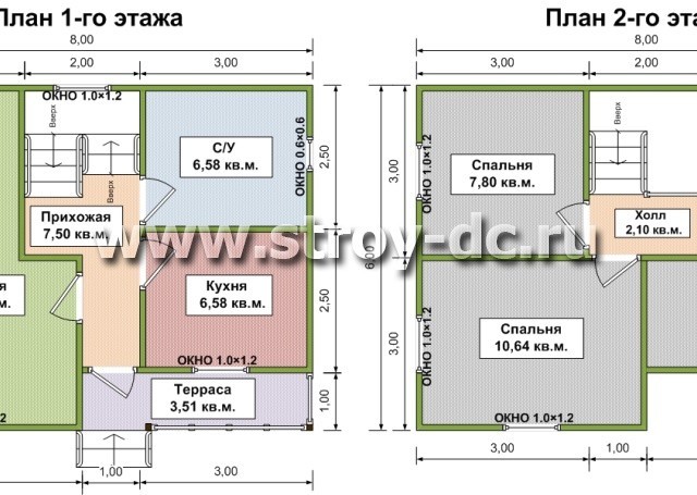 Дом из бруса, проект Д68, с террасой, многоскатной крышей, крыльцом и тремя спальнями, размером 6х8 метров, площадью 79,16 квадратных метров – планировка проекта 1