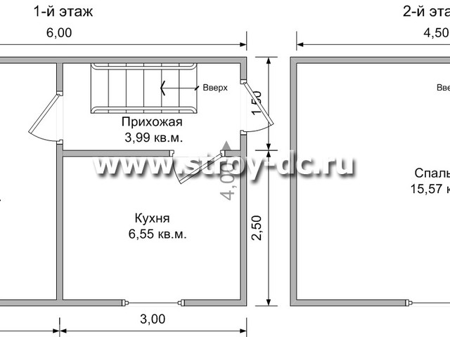 Каркасный дом, проект Д7, с мансардой, двухскатной крышей и одной спальней, размером 4х6 метров, площадью 36 квадратных метров – планировка проекта 1