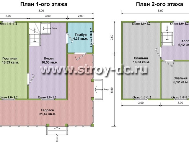 Дом из бруса, проект Д74, с открытой угловой террасой, двухскатной крышей, крыльцом и двумя спальнями, размером 8х8 метров, площадью 90 квадратных метров – планировка проекта 1