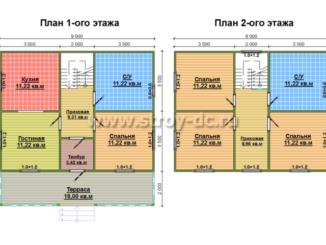 Каркасный дом, проект Д79, с террасой, двухскатной крышей и четырьмя спальнями, размером 9х9 метров, площадью 111,45 квадратных метров – планировка проекта 1