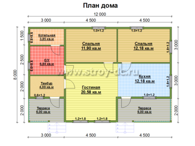 Дом из бруса, проект Д82, с террасой, многоскатной крышей и двумя спальнями, размером 8х12 метров, площадью 87,52 квадратных метров – планировка проекта 1