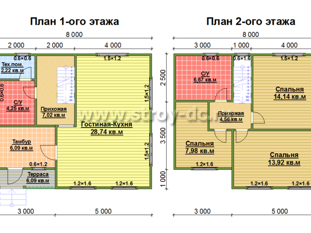 Каркасный дом, проект Д85, с мансардой, террасой, двухскатной крышей, крыльцом и тремя спальнями, размером 7х8 метров, площадью 95,59 квадратных метров – планировка проекта 1