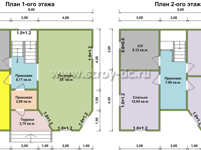 Дом из бруса, проект Д92, с мансардой, эркером, многоскатной крышей, крыльцом и тремя спальнями, размером 7,5х9 метров, площадью 114,36 квадратных метров – планировка проекта 1