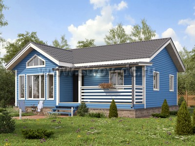 Каркасный дом, проект Д94, с террасой, многоскатной крышей, крыльцом и тремя спальнями, размером 8,5х10 метров, площадью 65,15 квадратных метров - фото проекта 1