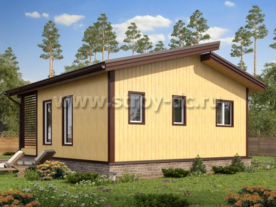 Дом из бруса, проект Д96, с террасой, двухскатной крышей и двумя спальнями, размером 7х8 метров, площадью 35,22 квадратных метров - фото проекта 2