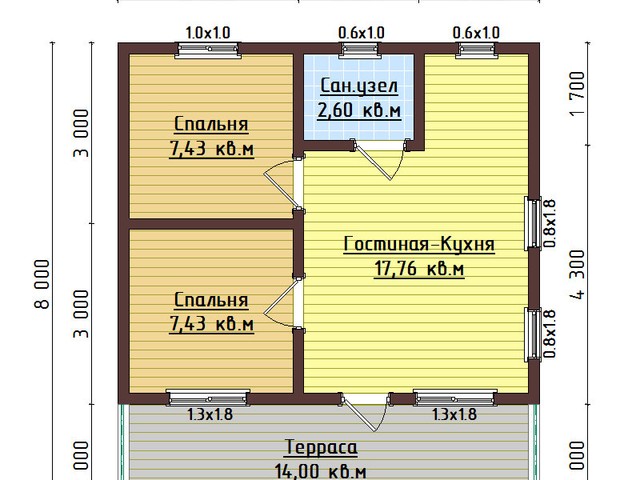 Дом из бруса, проект Д96, с террасой, двухскатной крышей и двумя спальнями, размером 7х8 метров, площадью 35,22 квадратных метров – планировка проекта 1