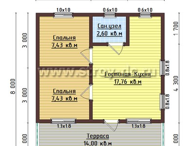 Дом из бруса, проект Д96, с террасой, двухскатной крышей и двумя спальнями, размером 7х8 метров, площадью 35,22 квадратных метров – планировка проекта 1