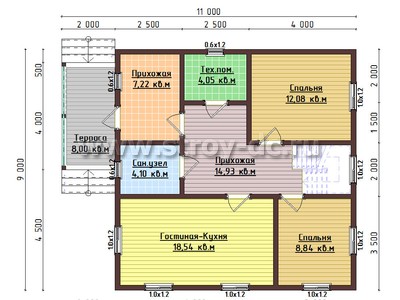 Каркасный дом, проект Д97, с террасой, многоскатной крышей и шестью спальнями, размером 9х11 метров, площадью 136,71 квадратных метров – планировка проекта 1