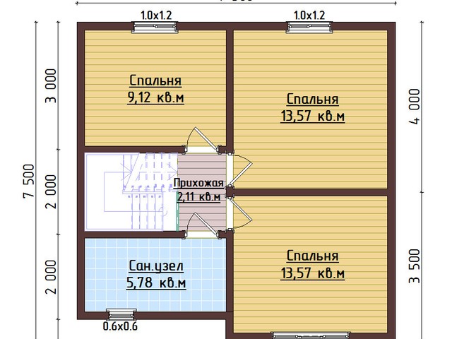 Каркасный дом, проект Д98, с террасой, многоскатной крышей и четырьмя спальнями, размером 7,5х8,5 метров, площадью 91,04 квадратный метр – планировка проекта 2