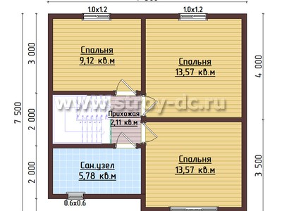Каркасный дом, проект Д98, с террасой, многоскатной крышей и четырьмя спальнями, размером 7,5х8,5 метров, площадью 91,04 квадратный метр – планировка проекта 2